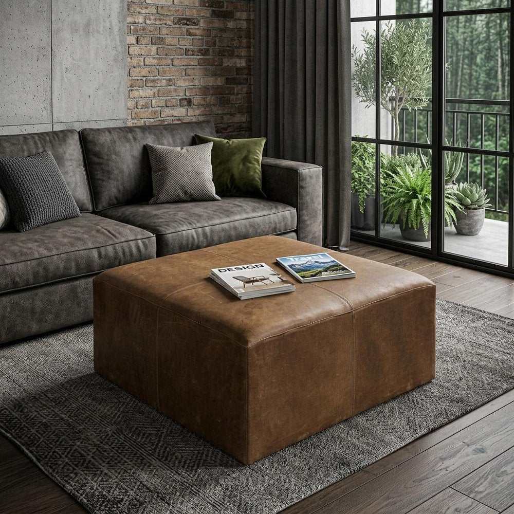 36" Brown Genuine Leather Cube Ottoman