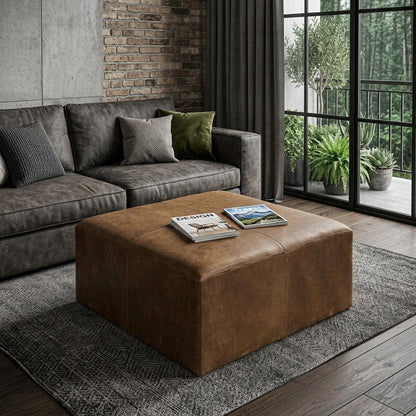 36" Brown Genuine Leather Cube Ottoman