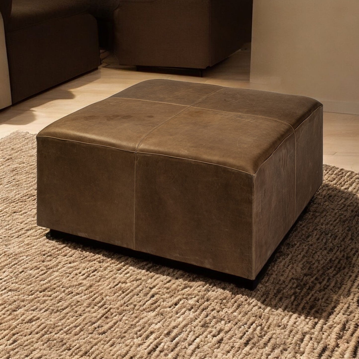 36" Brown Faux Leather Cube Ottoman