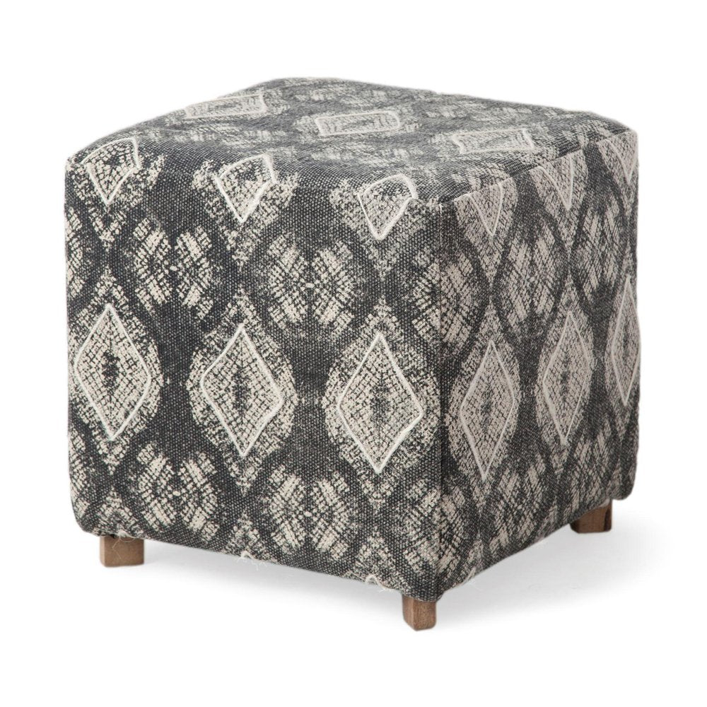 19" Gray Cotton and Brown Cube Ottoman
