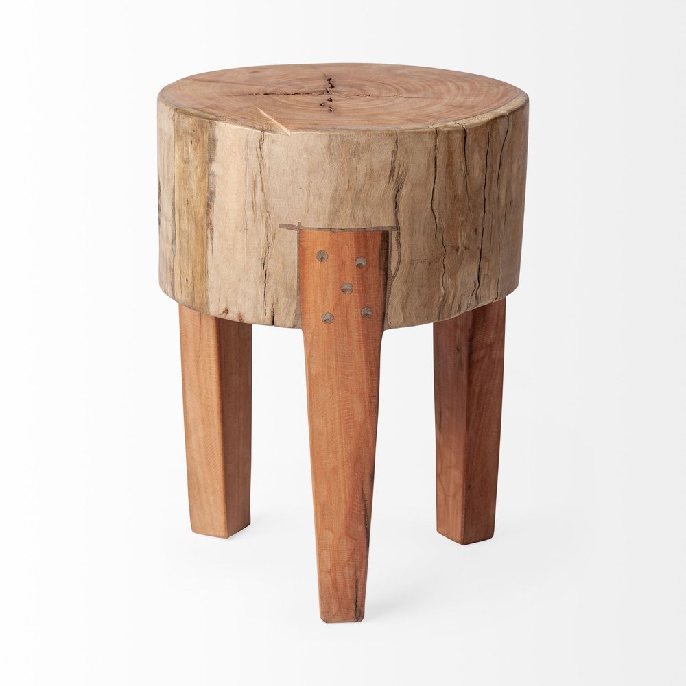 18" Natural And Brown Distressed Reclaimed Wood Round End Table