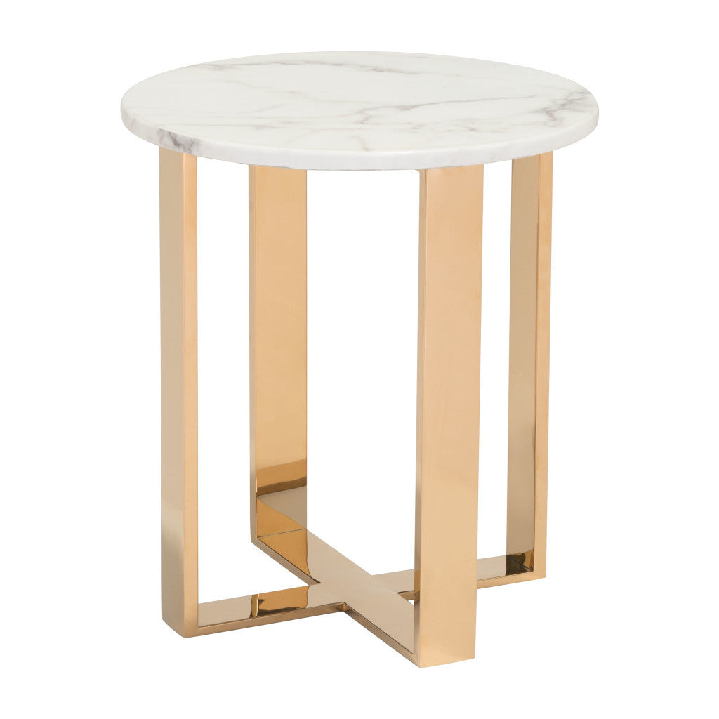 21" Gold And White Stone Round End Table