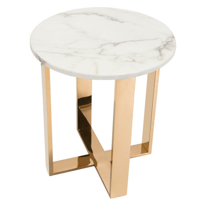 21" Gold And White Stone Round End Table