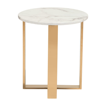 21" Gold And White Stone Round End Table