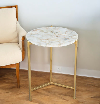 20" Gold And White Genuine Marble Look Round End Table