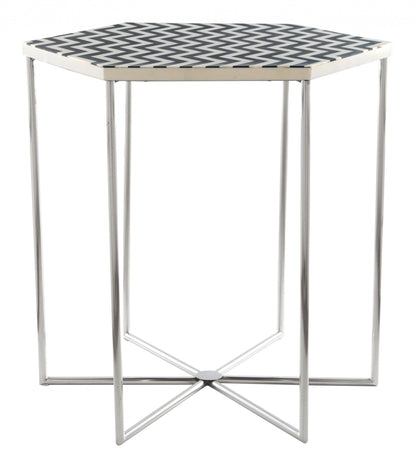 21" Silver And Black And White Stone Hexagon End Table