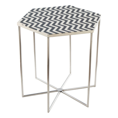 21" Silver And Black And White Stone Hexagon End Table