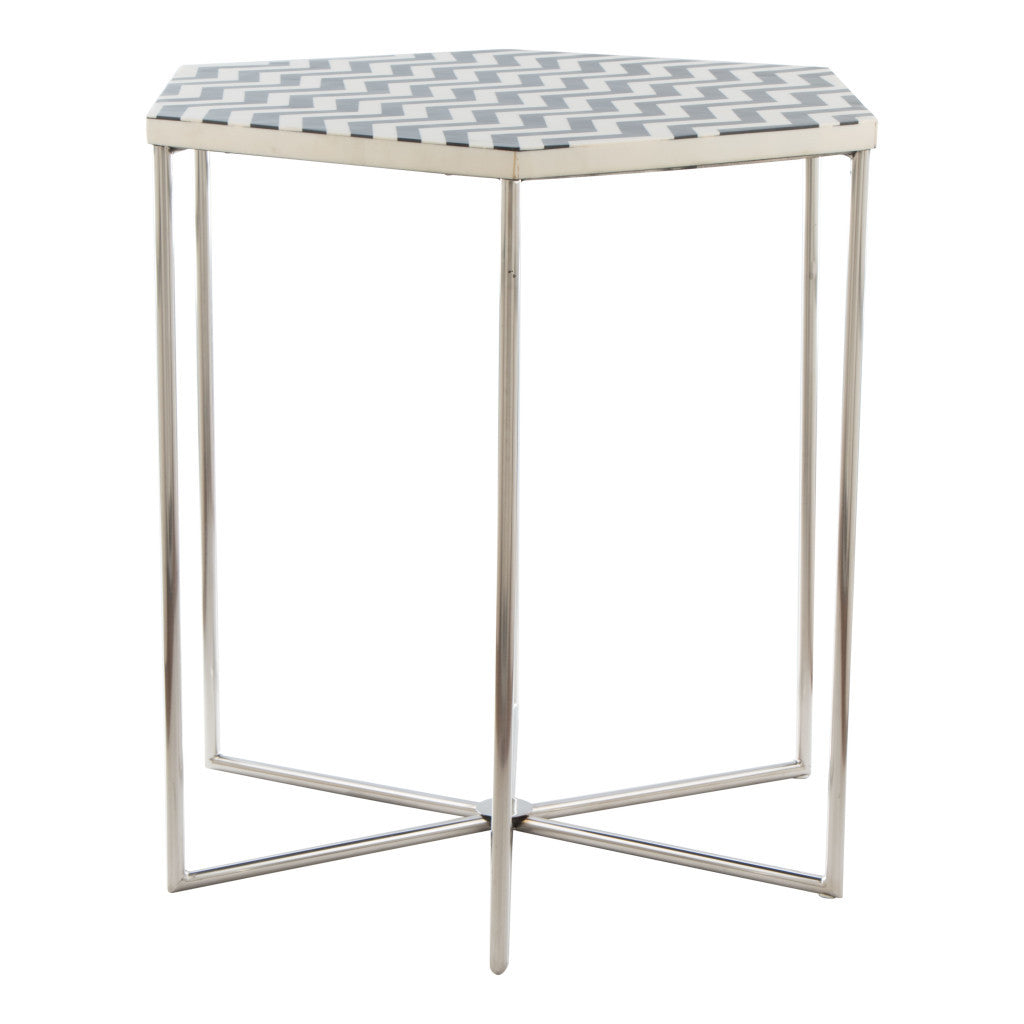 21" Silver And Black And White Stone Hexagon End Table