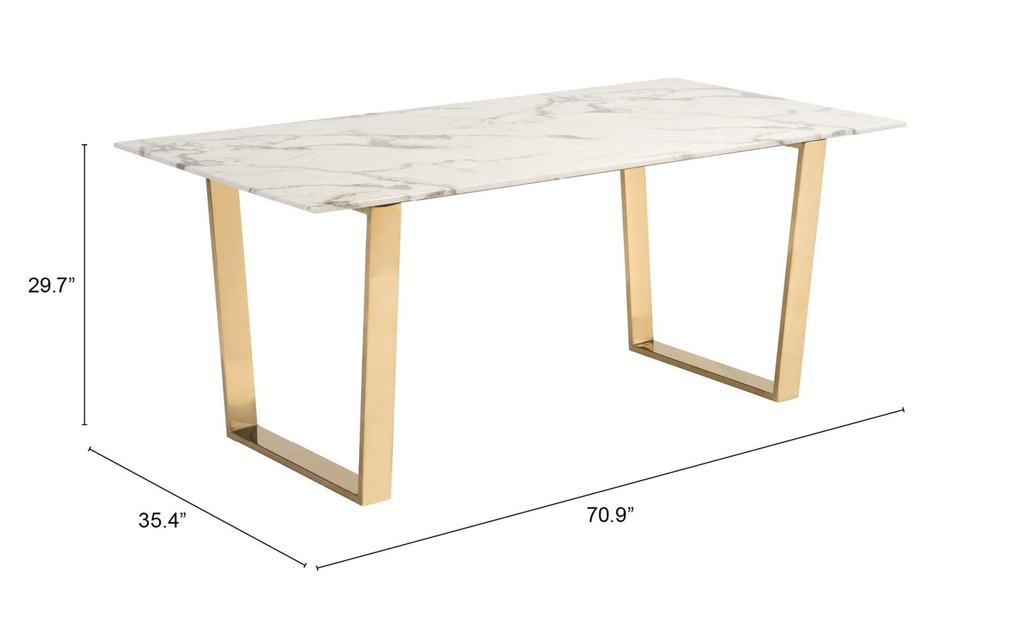 71" White And Gold Faux Marble And Steel Sled Base Dining Table