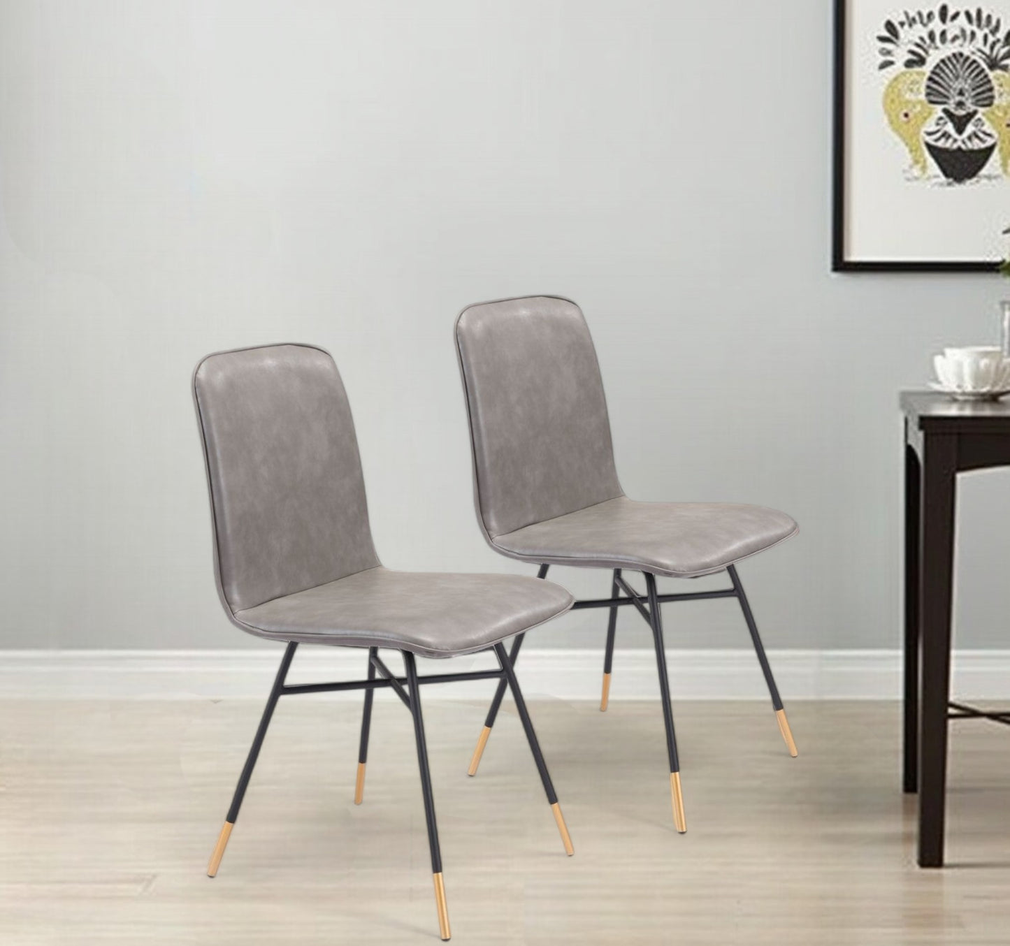 Set of Two Gray And Black Upholstered Faux Leather Dining Side Chairs