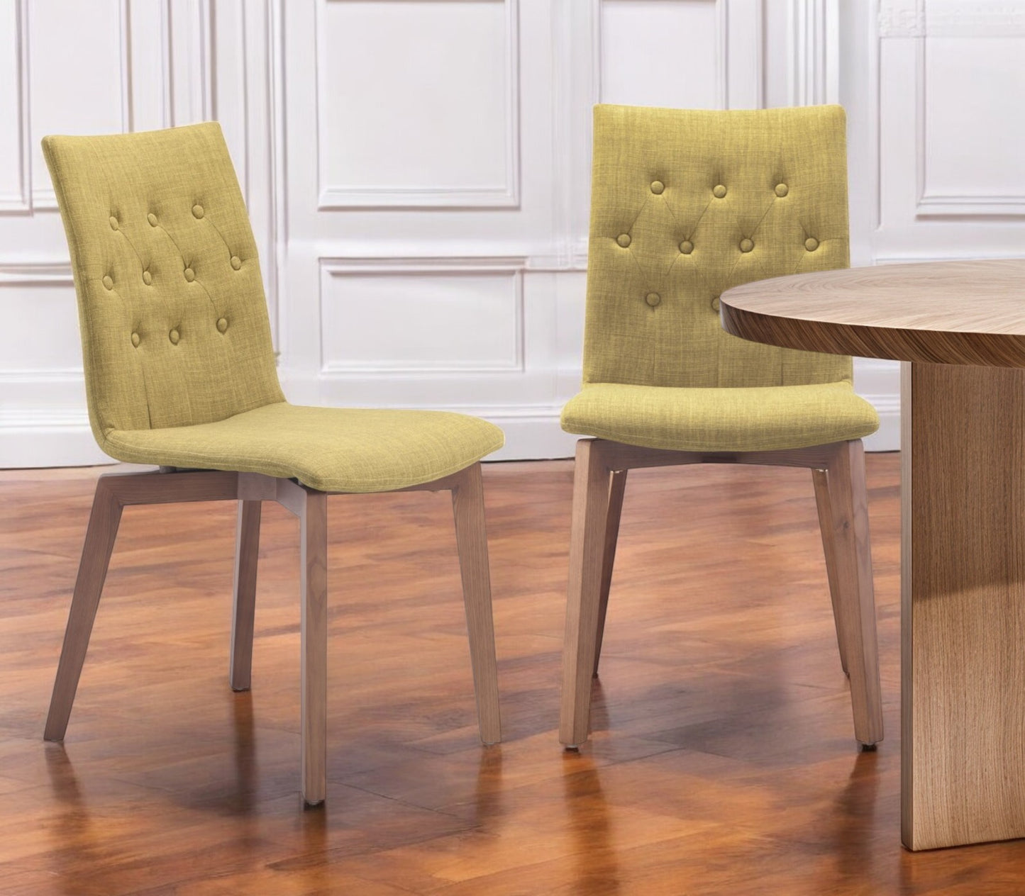 Set of Two Tufted Green And Brown Upholstered Fabric Dining Side Chairs