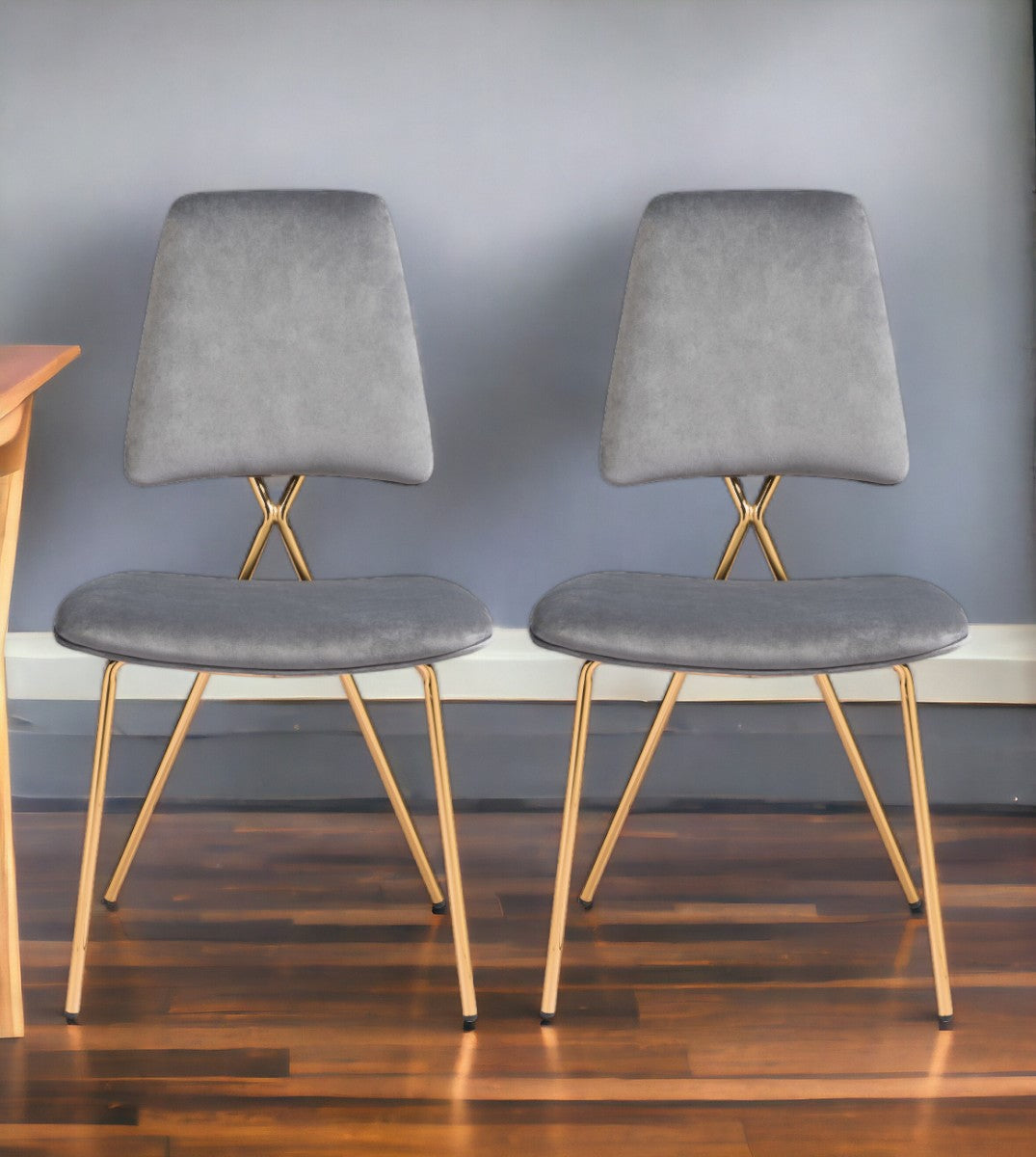 Set of Two Gray And Gold Upholstered Velvet Open Back Dining Side Chairs