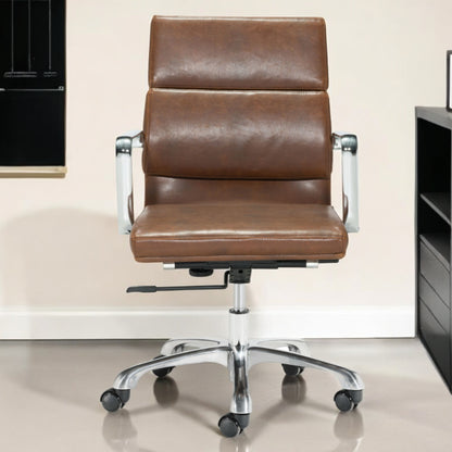 Brown and Silver Adjustable Swivel Faux Leather Rolling Executive Office Chair