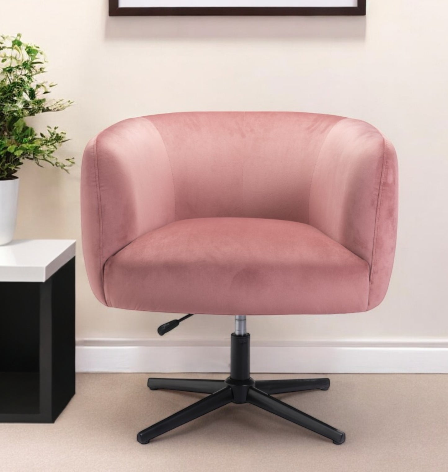 30" Pink And Black Velvet Swivel Barrel Chair