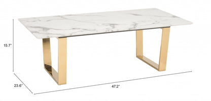 47" White And Gold Faux Marble And Steel Coffee Table