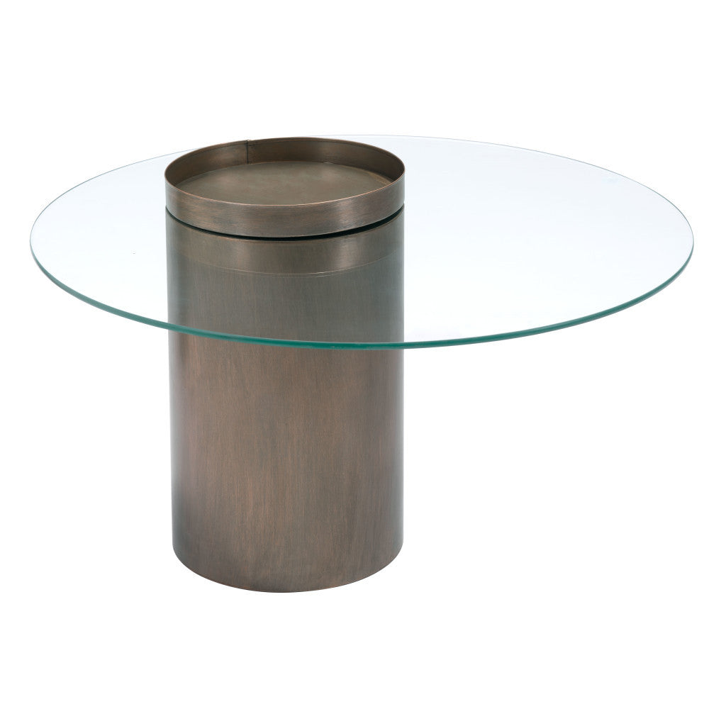 Set of Two 32" Clear and Gold Glass And Steel Round Pedestal Coffee Table