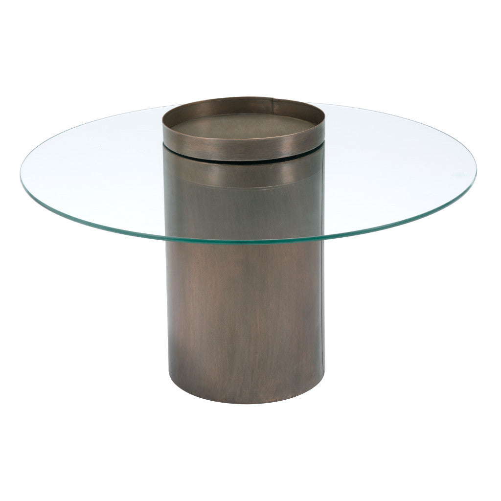 Set of Two 32" Clear and Gold Glass And Steel Round Pedestal Coffee Table