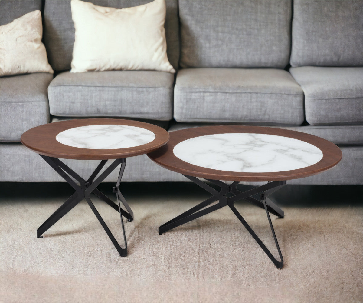 Set of Two 32" White And Black Glass And Steel Round Bunching Coffee Tables