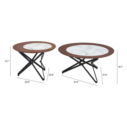 Set of Two 32" White And Black Glass And Steel Round Bunching Coffee Tables