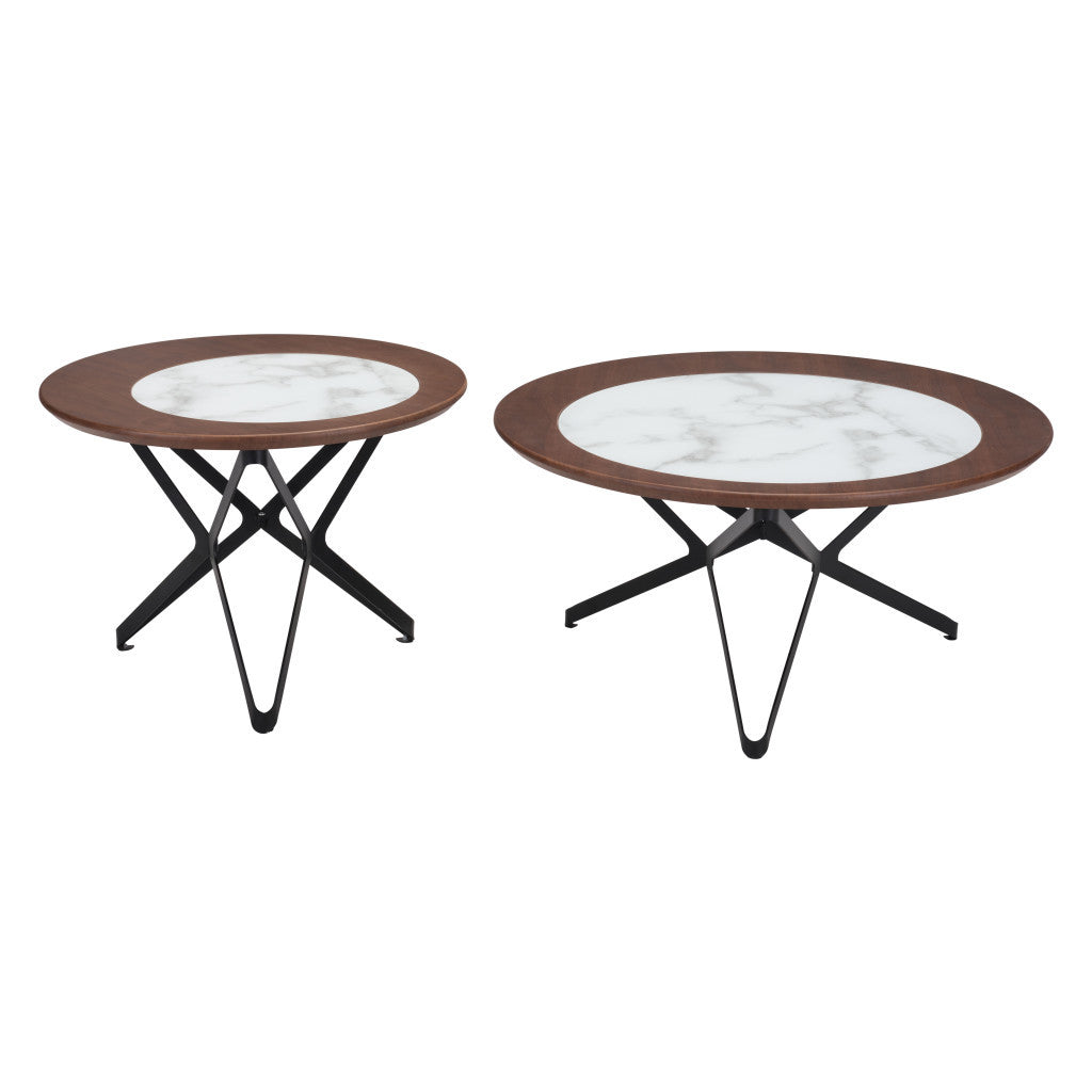 Set of Two 32" White And Black Glass And Steel Round Bunching Coffee Tables