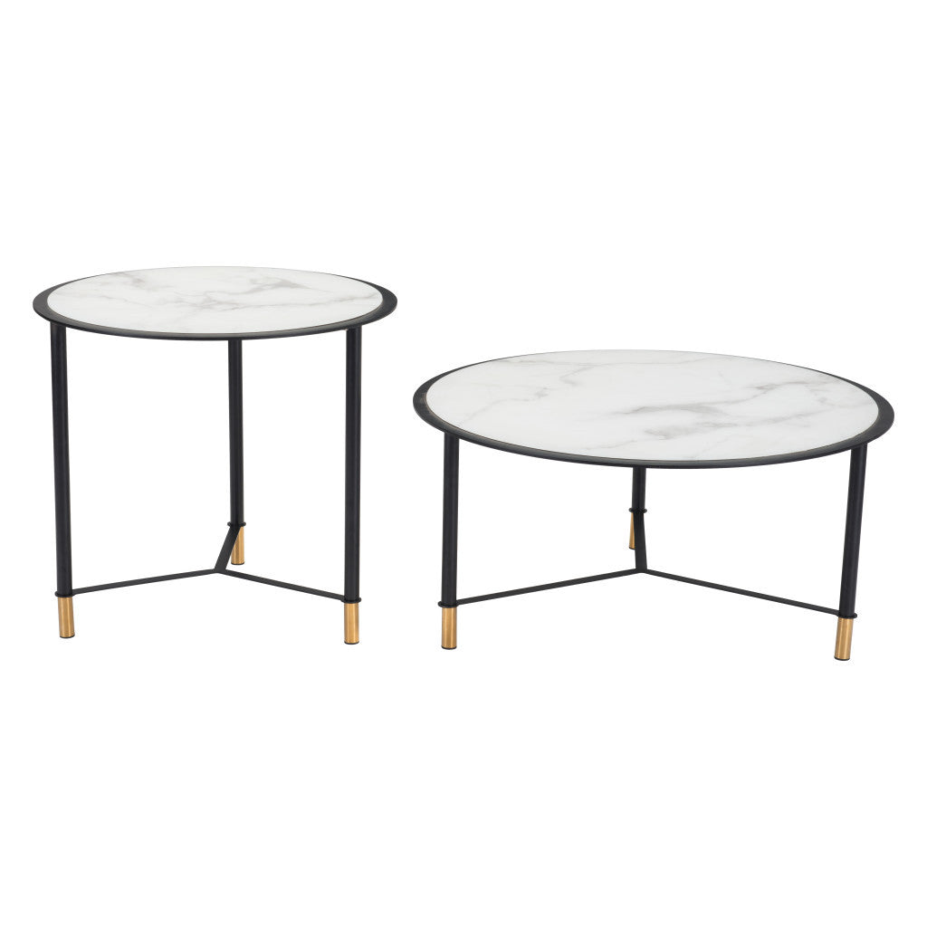 Set of Two 32" White And Black Glass And Steel Round Nested Coffee Tables