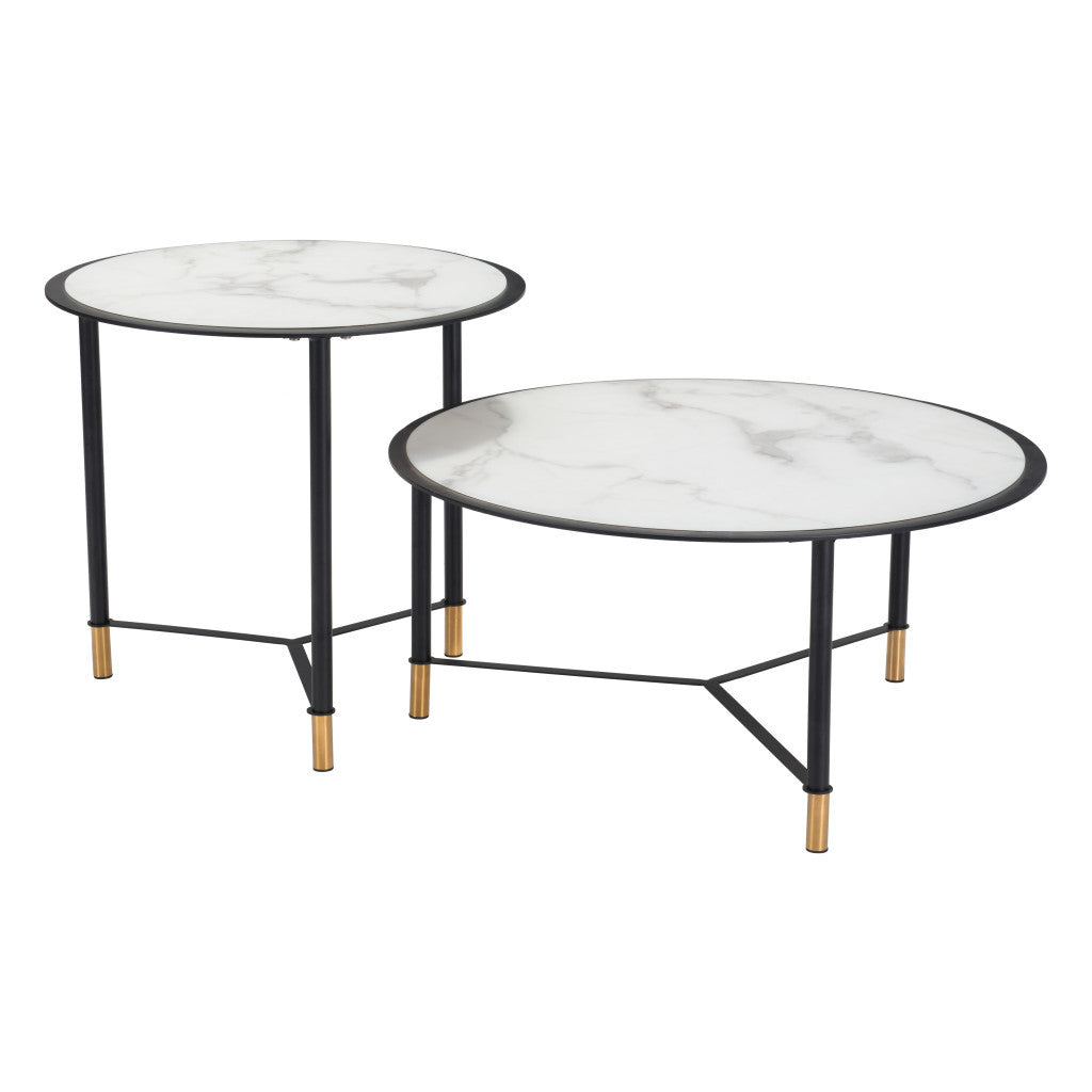 Set of Two 32" White And Black Glass And Steel Round Nested Coffee Tables