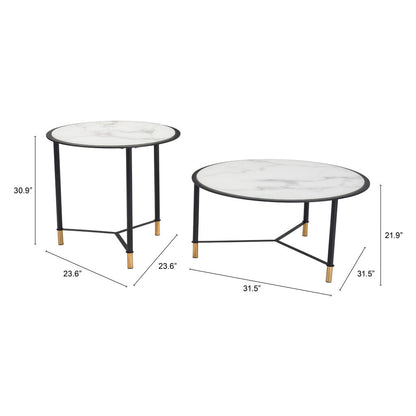 Set of Two 32" White And Black Glass And Steel Round Nested Coffee Tables