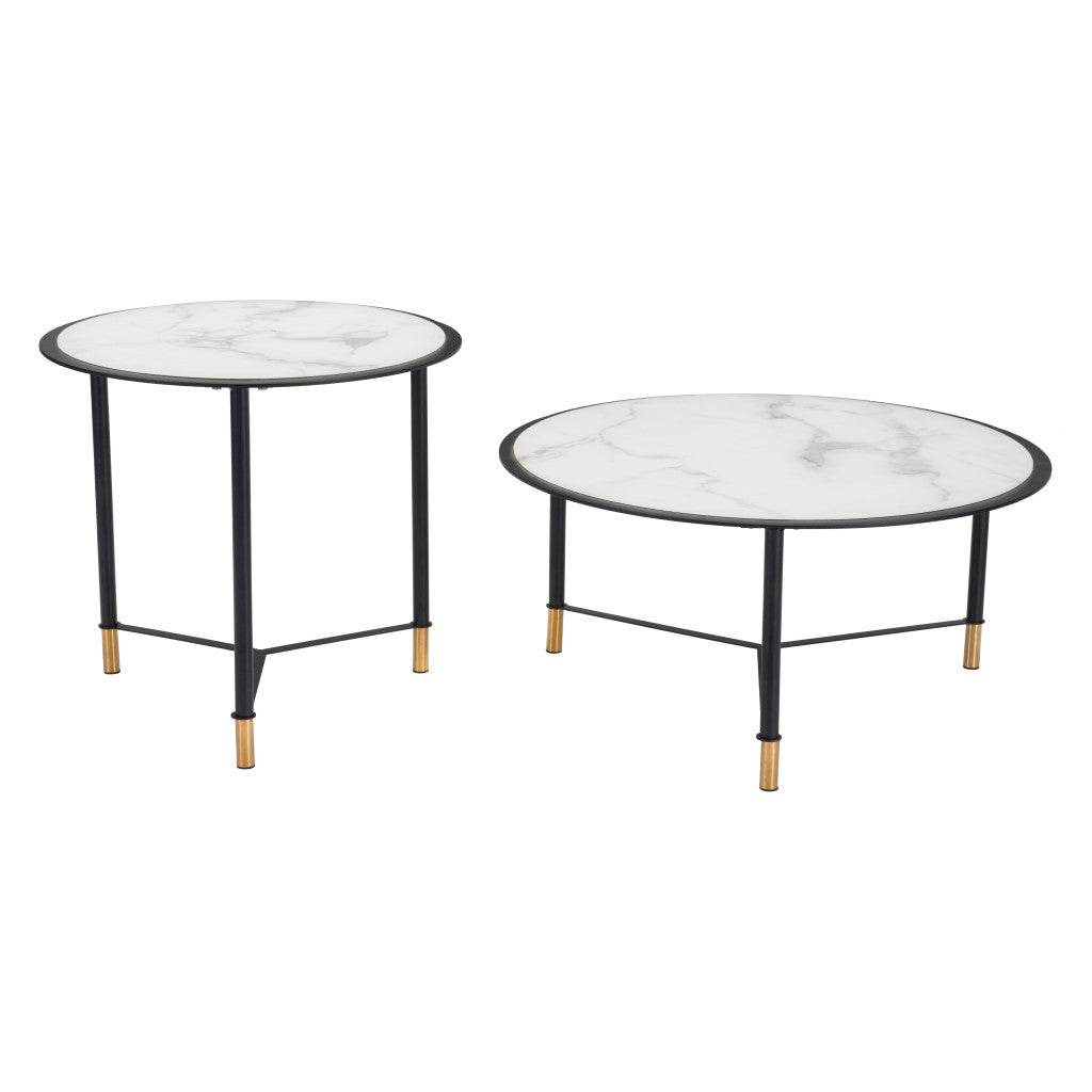 Set of Two 32" White And Black Glass And Steel Round Nested Coffee Tables