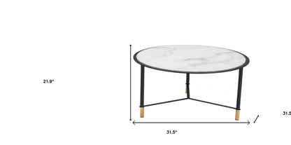 Set of Two 32" White And Black Glass And Steel Round Nested Coffee Tables