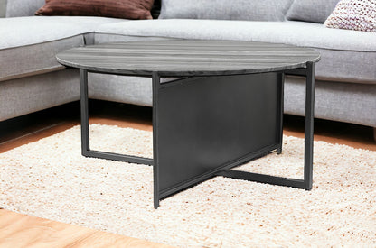 36" Gray And Black Genuine Marble And Steel Round Coffee Table