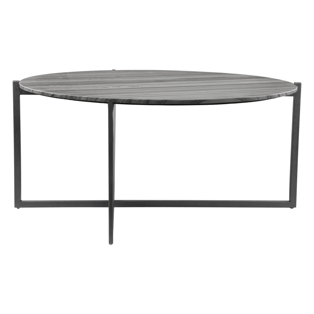 36" Gray And Black Genuine Marble And Steel Round Coffee Table