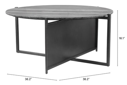 36" Gray And Black Genuine Marble And Steel Round Coffee Table