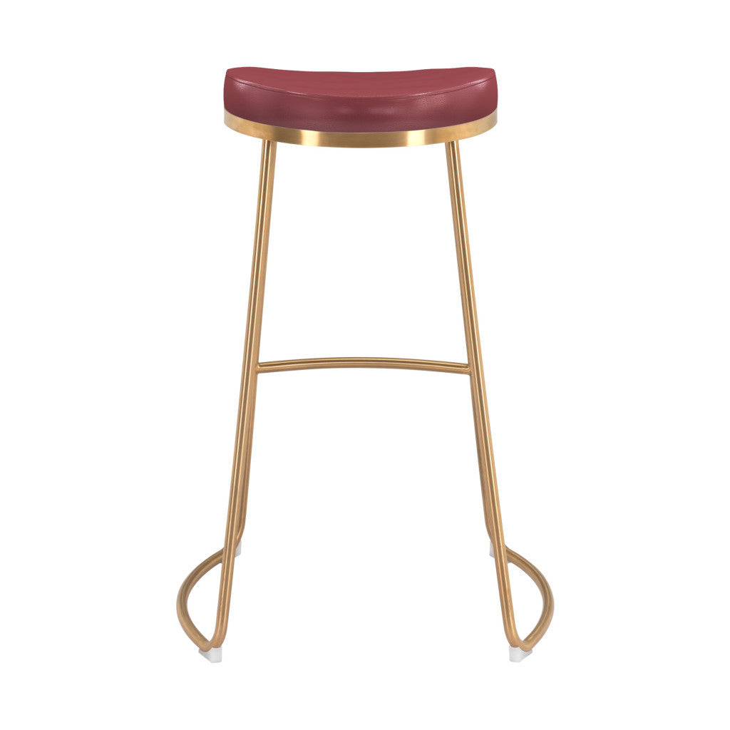 Set of Two 31" Burgundy And Gold Steel Backless Bar Height Bar Chairs