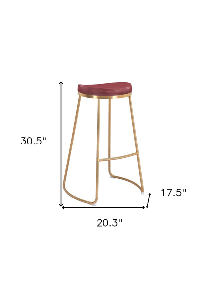 Set of Two 31" Burgundy And Gold Steel Backless Bar Height Bar Chairs