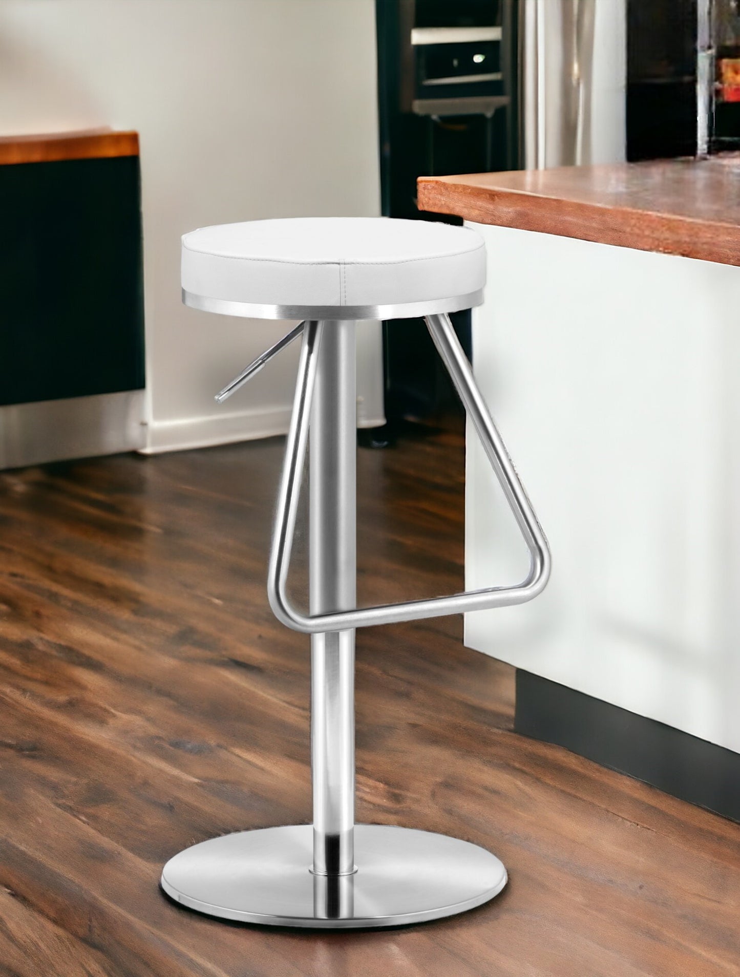 31" White And Silver Steel Swivel Backless Bar Height Bar Chair