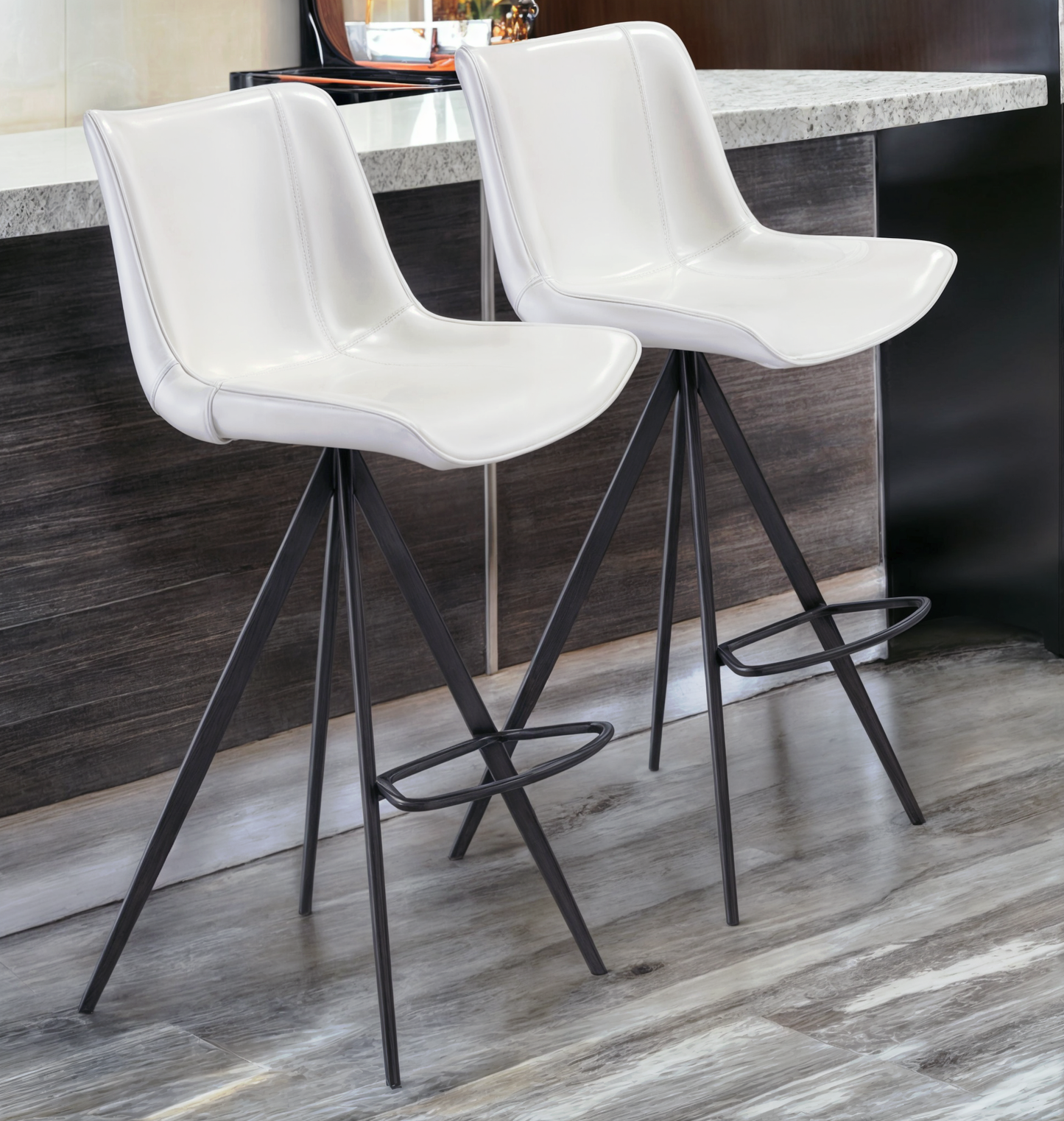 Set of Two 29" White And Black Steel Low Back Bar Height Bar Chairs