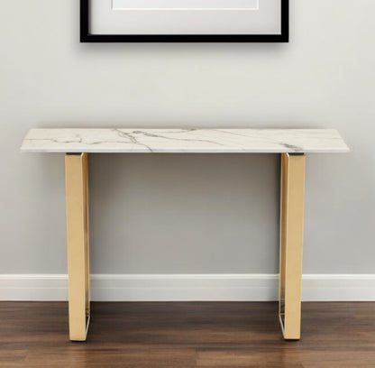 47" White and Gold Faux Marble Sled Console Table