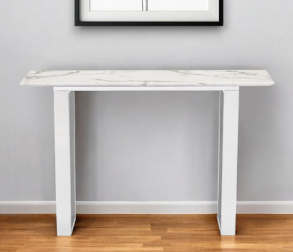 47" White and Silver Faux Marble Sled Console Table