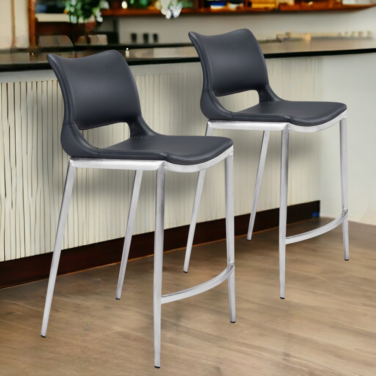 Set of Two 25" Black And Silver Steel Low Back Counter Height Bar Chairs