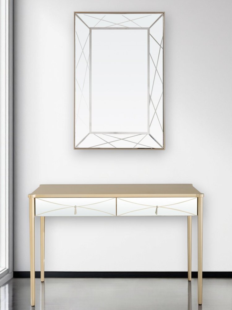 48" Champagne And Silver Mirrored Solid Wood And Glass Console Table With Two Drawers