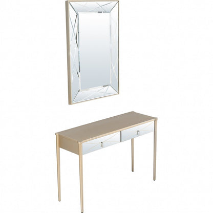 48" Champagne And Silver Mirrored Solid Wood And Glass Console Table With Two Drawers