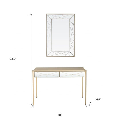 48" Champagne And Silver Mirrored Solid Wood And Glass Console Table With Two Drawers