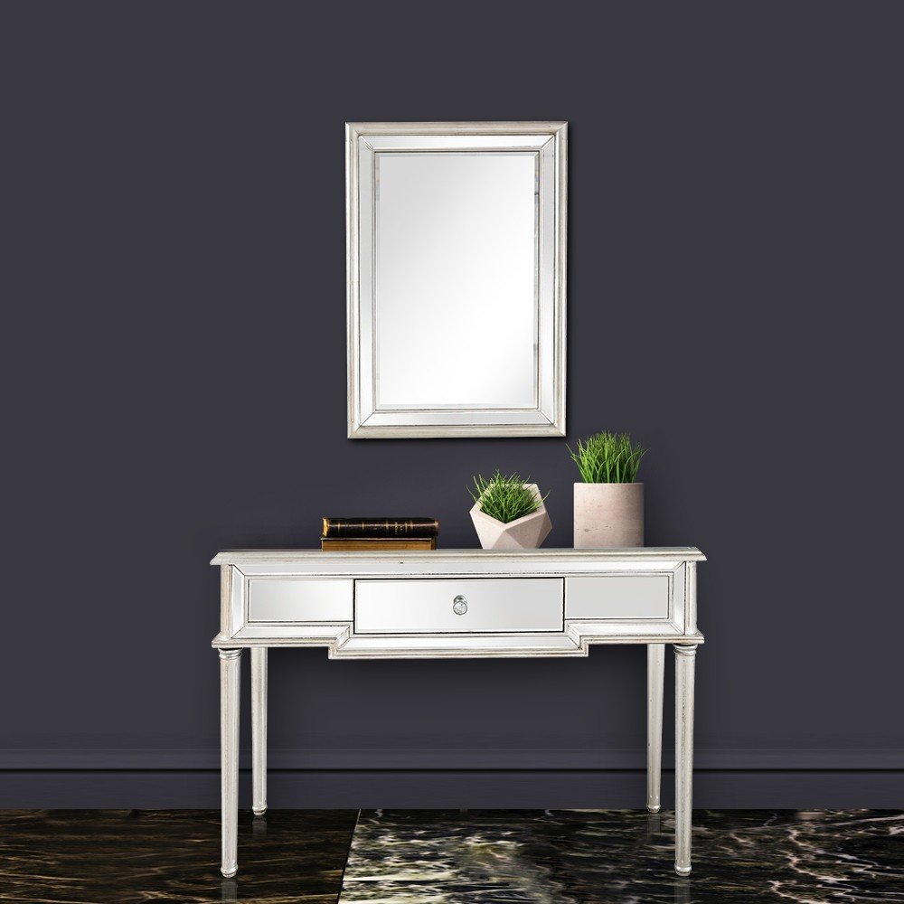 48" Silver Mirrored Glass Console Table With Drawer