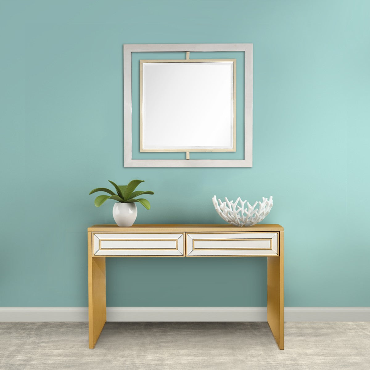 Antiqued Gold Finish Mirror and Console Table