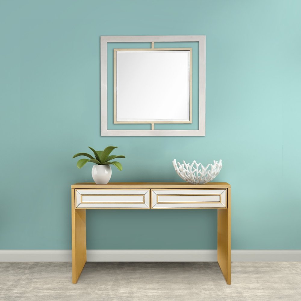 48" Gold And Silver Mirrored Wood And Glass Console Table With Two Drawers