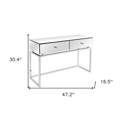 47" Silver Mirrored Glass Frame Console Table And Drawers