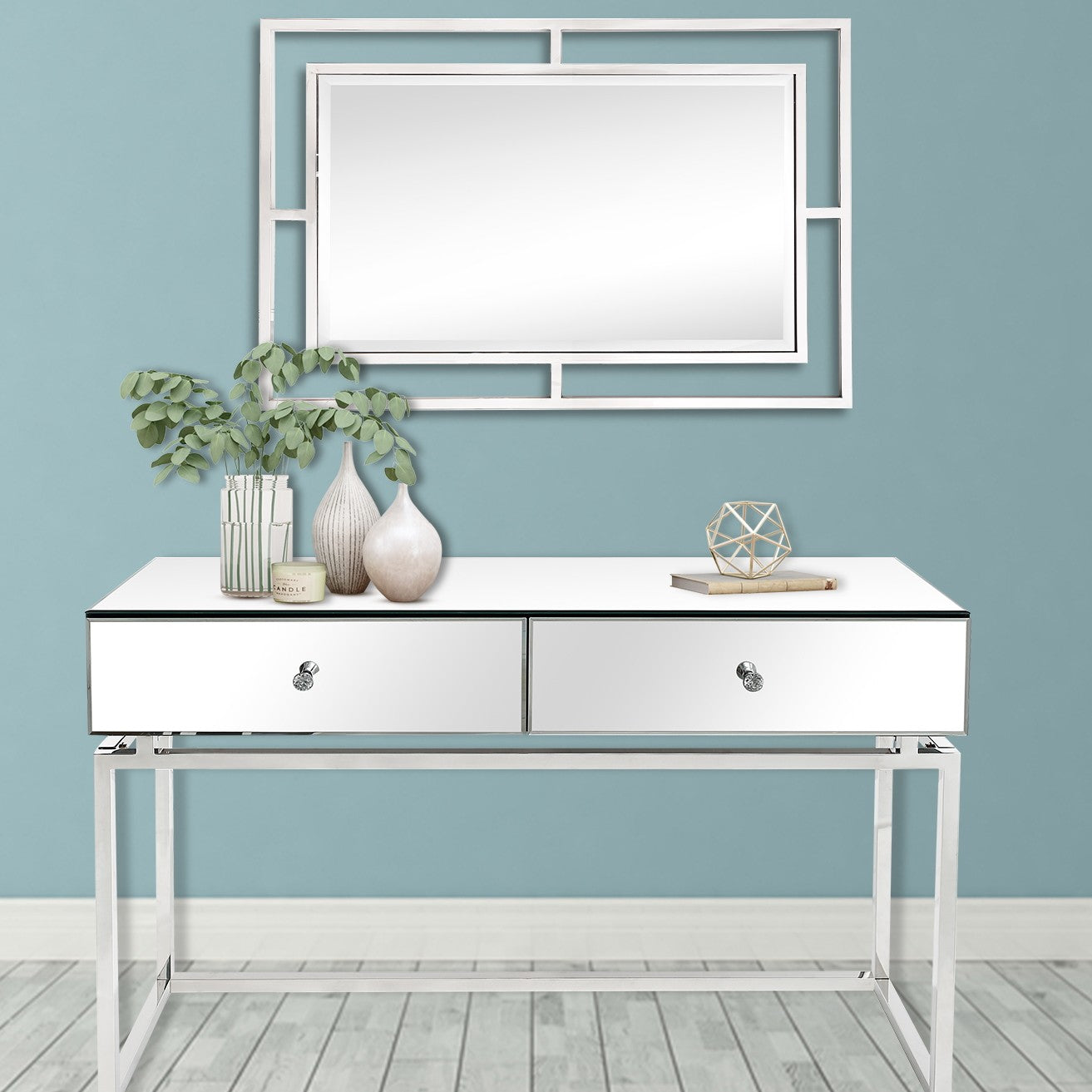 47" Silver Mirrored Glass Frame Console Table And Drawers