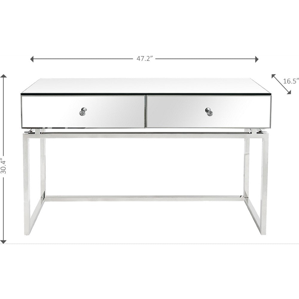 47" Silver Mirrored Glass Frame Console Table And Drawers