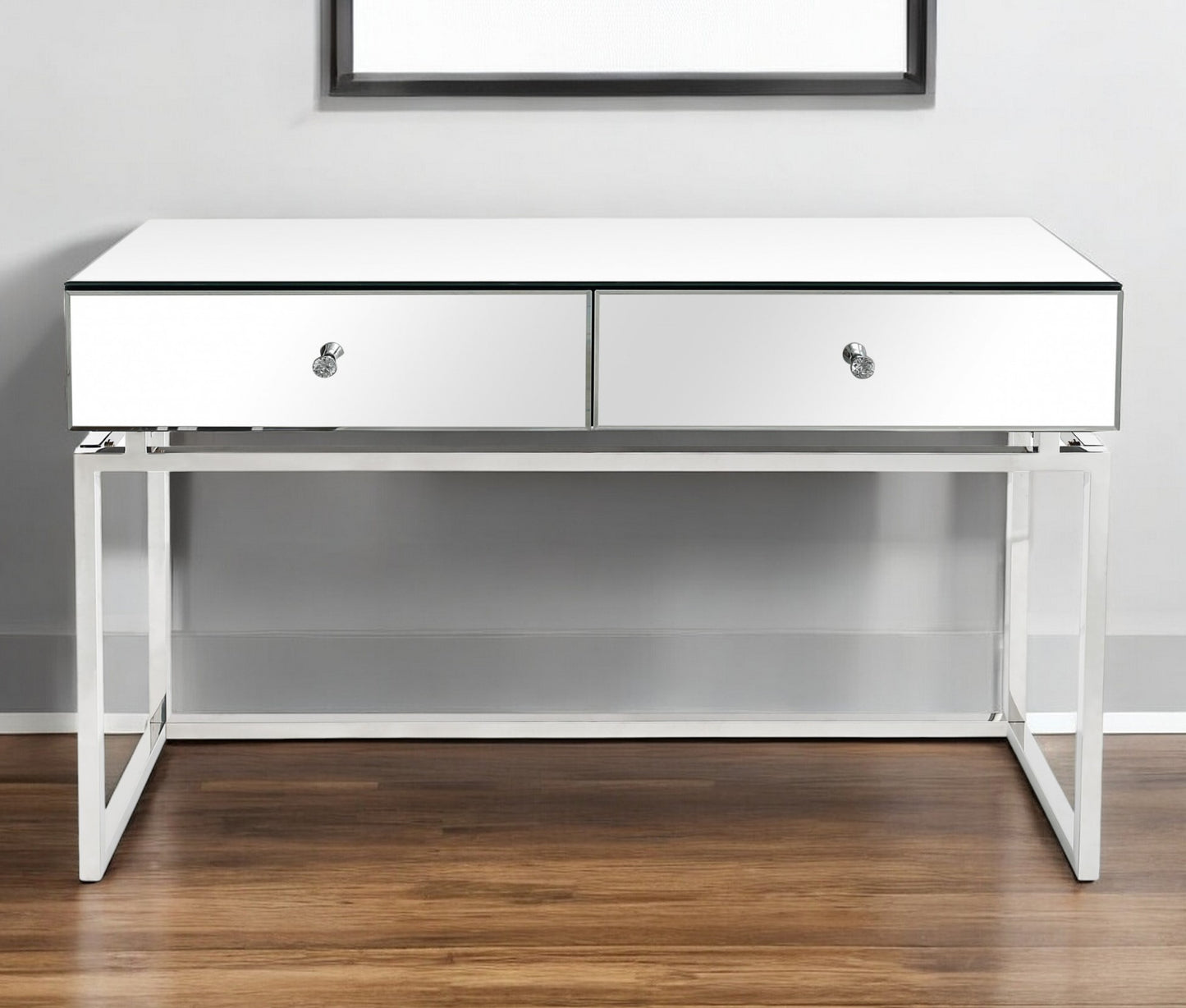 47" Silver Mirrored Glass Frame Console Table And Drawers