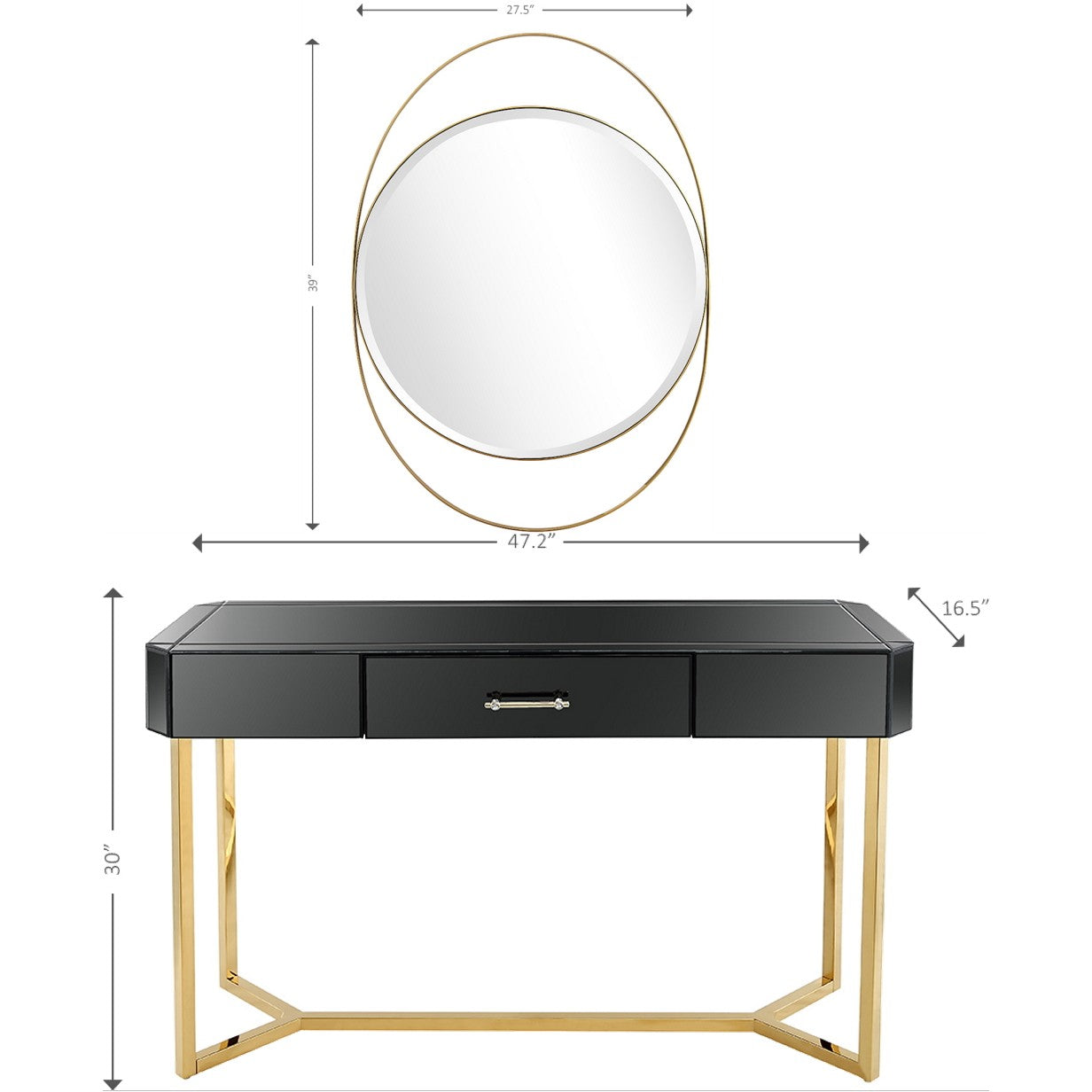 47" Black Mirrored Glass Sled Console Table